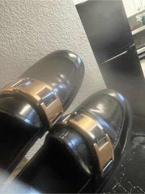 Tony Bianco Black Patent Loafers with Gold Accent